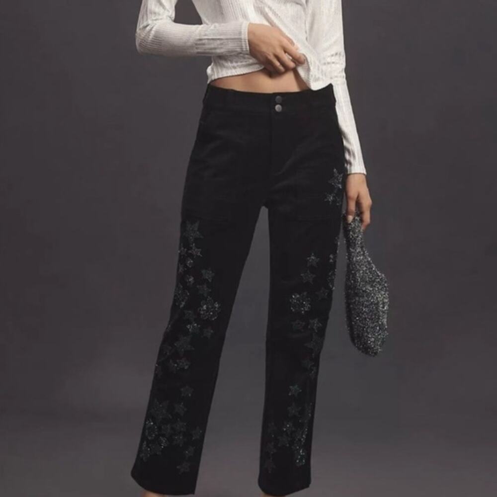 Anthropologie Pilcro The Wanderer Star Embellished Velvet Pants 26 Black Beaded - Picture 4 of 16